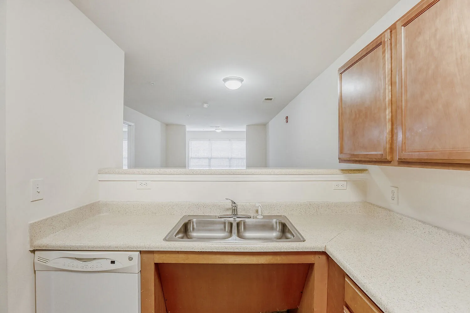 Kitchenette, double stainless steel sink, wood cabinetry, quartz countertops, window
