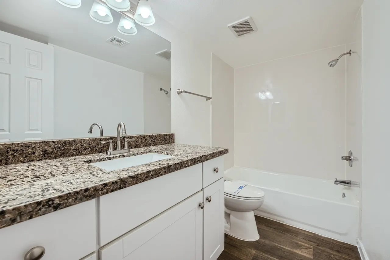 Primary bathroom, speckled granite countertops, white cabinetry, wood-style plank flooring