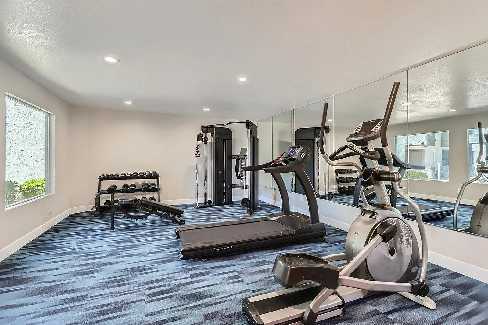 Fitness center, blue striped wood-style plank flooring, cardio equipment, strength training machines, mirrors