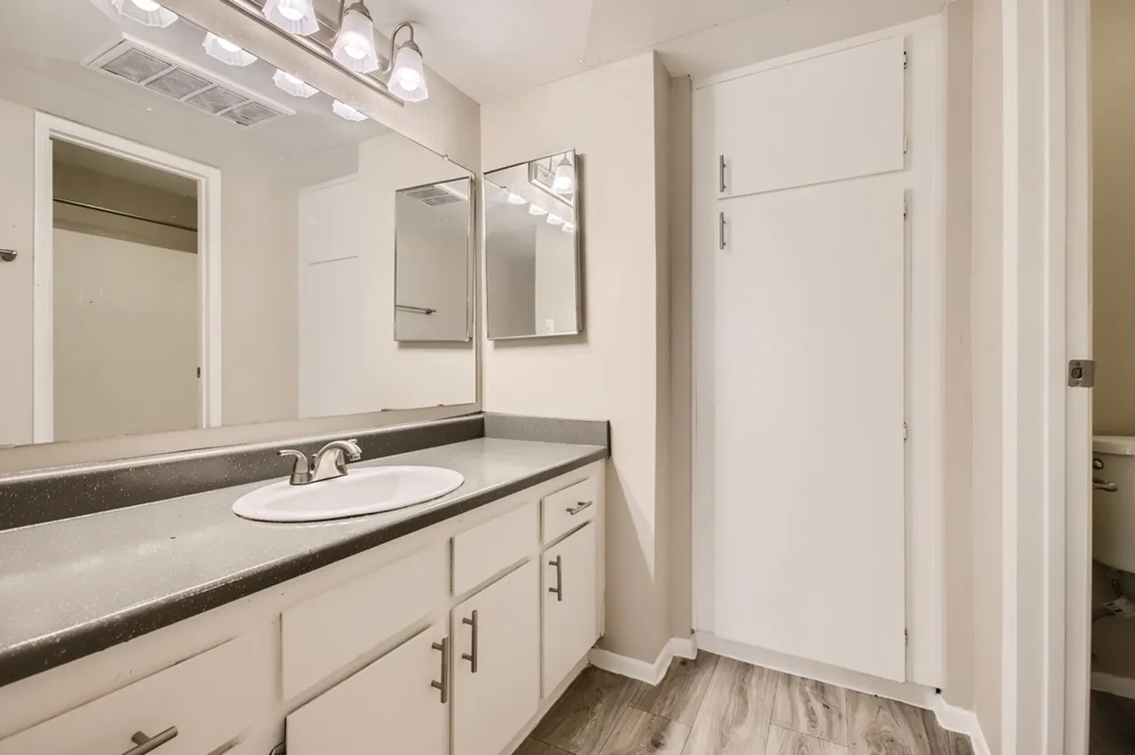 Primary bathroom, double sink vanity, white cabinetry, dark countertops, wood-style plank flooring