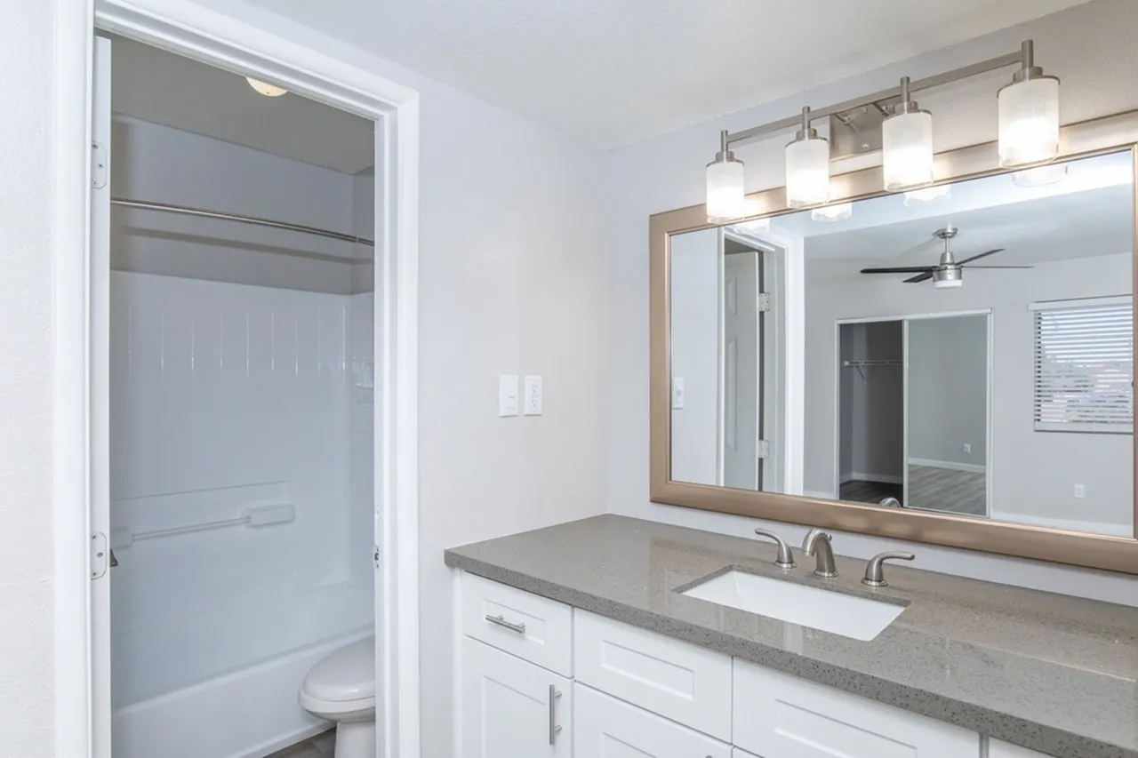 Primary bathroom, gray quartz countertops, white shaker cabinetry, chrome faucet, large mirror with wood frame