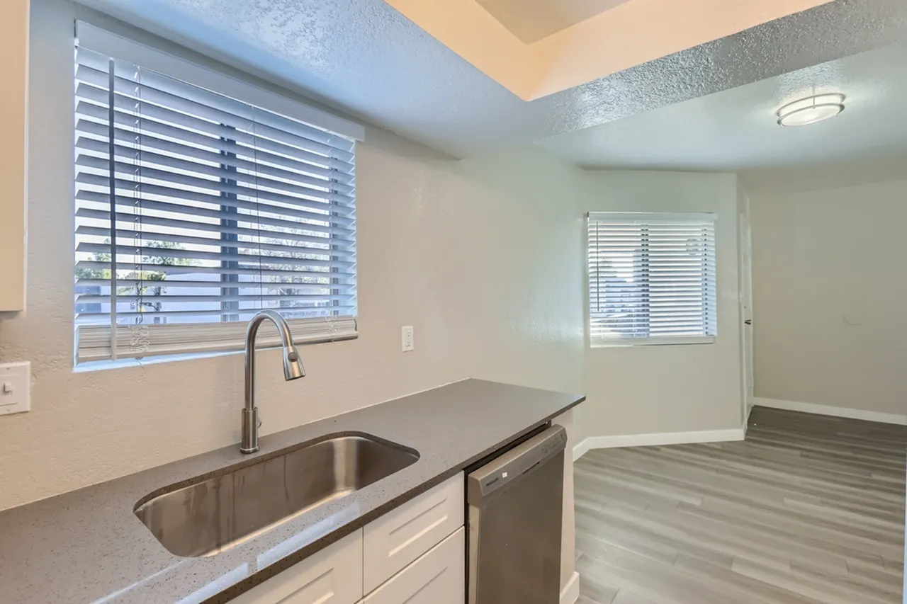 Kitchen, stainless steel sink and faucet, gray countertops, white cabinetry, wood-style plank flooring