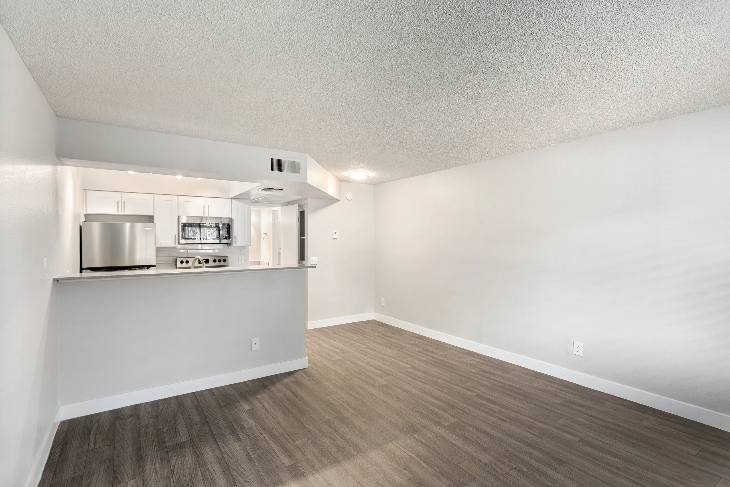 S1 Platinum open living area with wood-style plank flooring and kitchen view