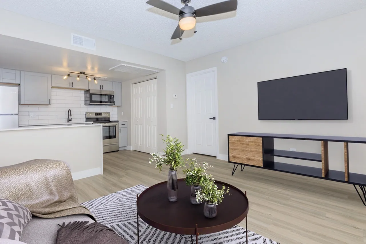 Studio apartment living room, wood-style plank flooring, ceiling fan, flat-screen TV, round coffee table