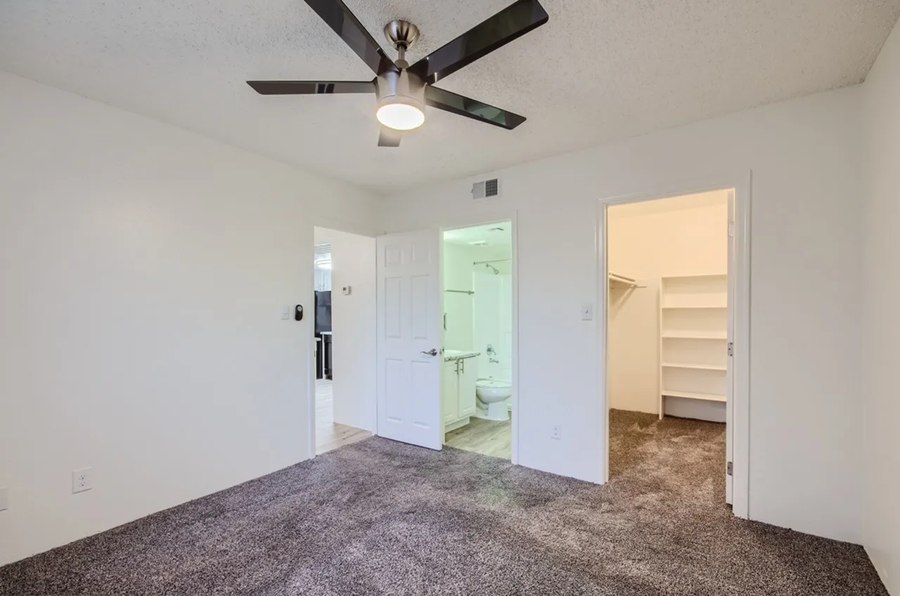 Primary bedroom, carpet flooring, ceiling fan with light, ensuite bathroom and walk-in closet