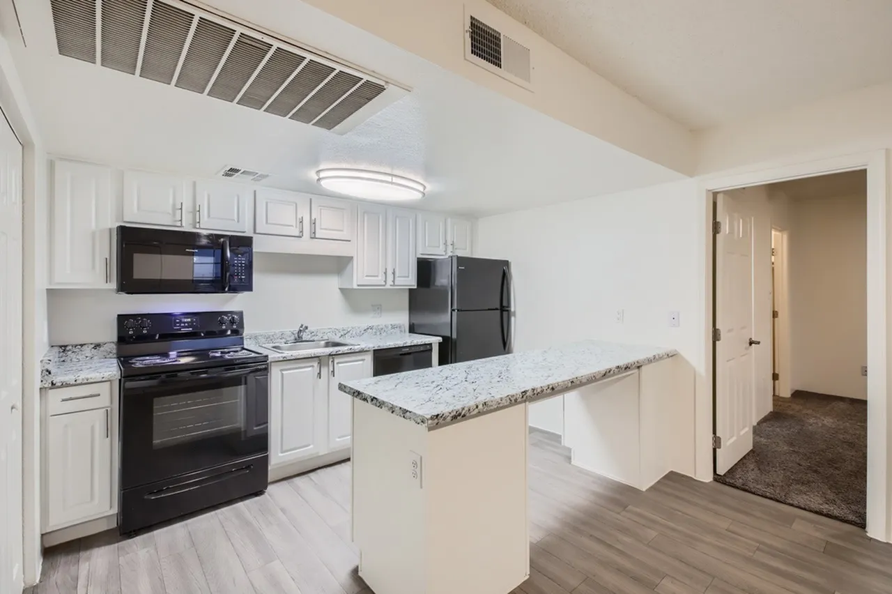 Kitchen, white shaker cabinetry, granite countertops, black stainless appliances, wood-style plank flooring