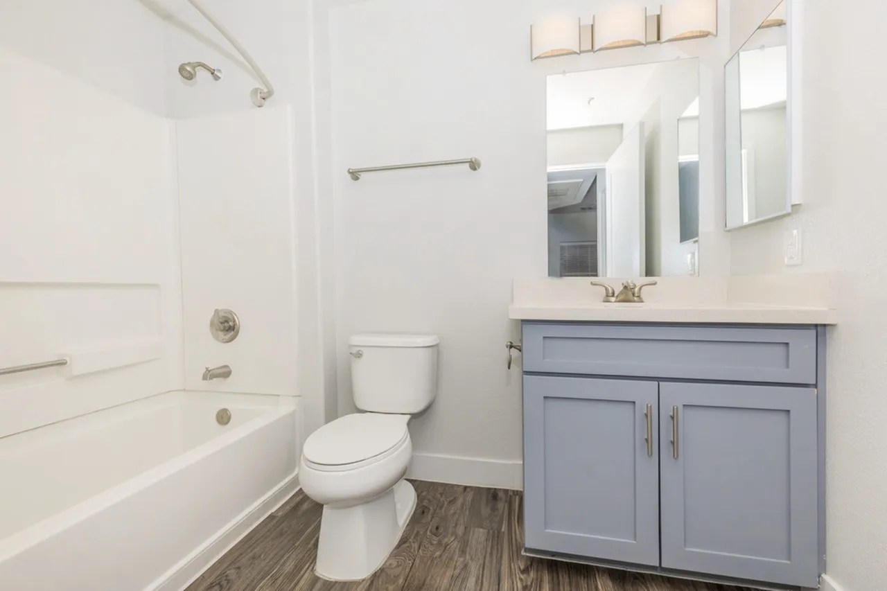 Bathroom, blue-gray vanity cabinetry, white quartz countertop, wood-style plank flooring