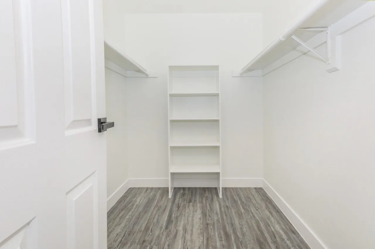 Walk-in closet, white cabinetry, built-in shelving, wood-style plank flooring, metal fixtures