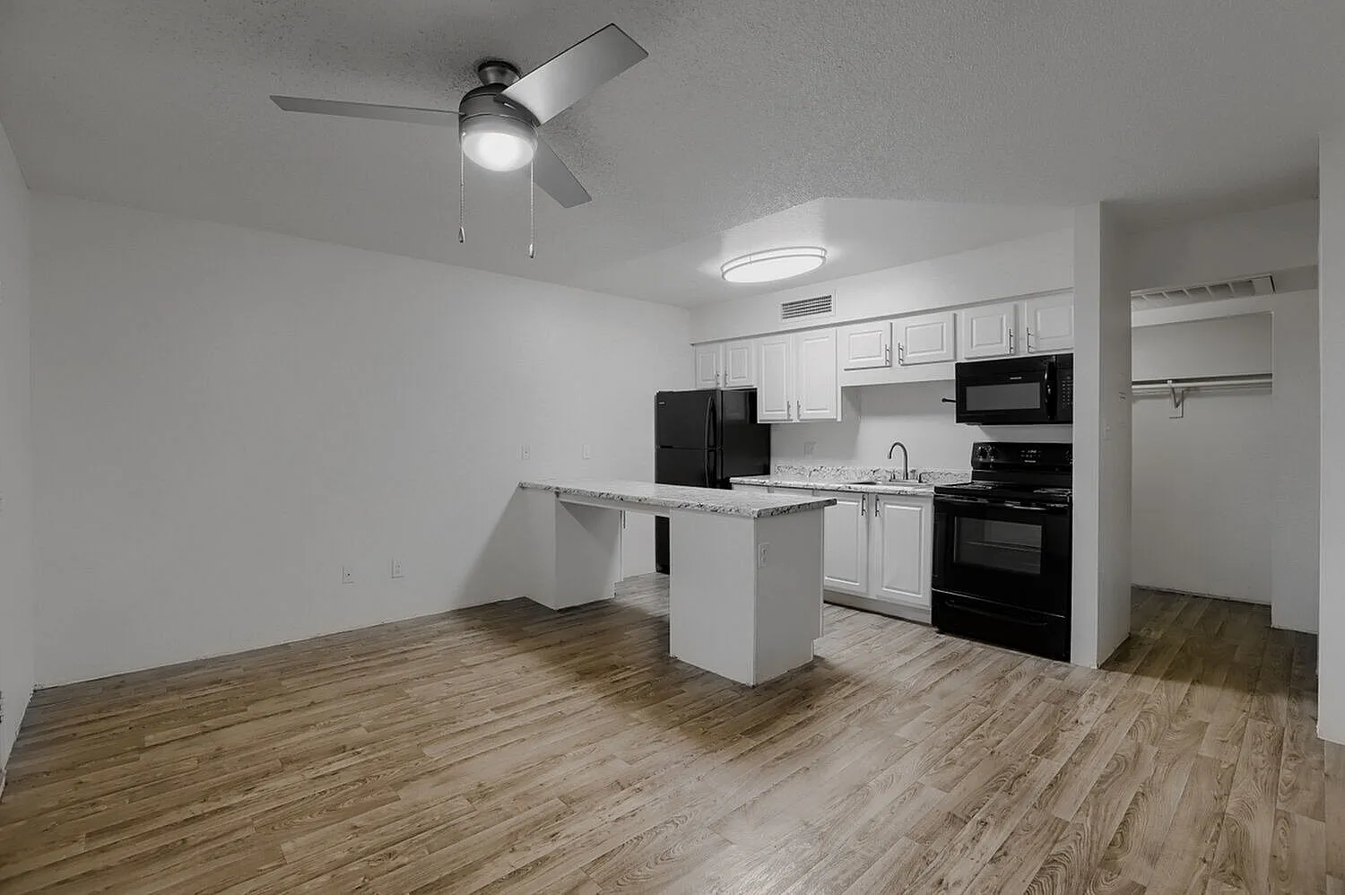 Kitchen, white shaker cabinetry, black stainless appliances, wood-style plank flooring, ceiling fan with light fixture