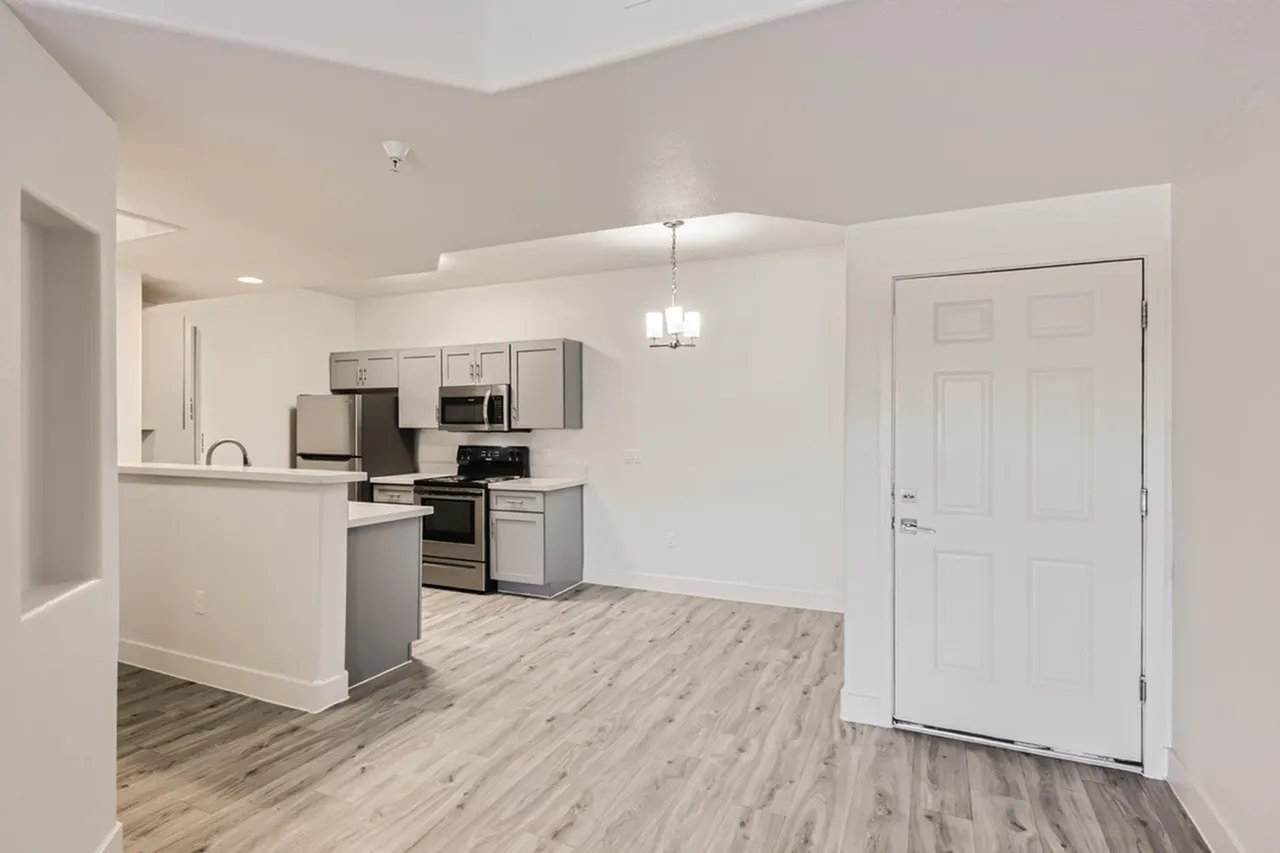 Kitchen with stainless steel appliances, gray cabinetry, pendant lighting, wood-style plank flooring, entry door