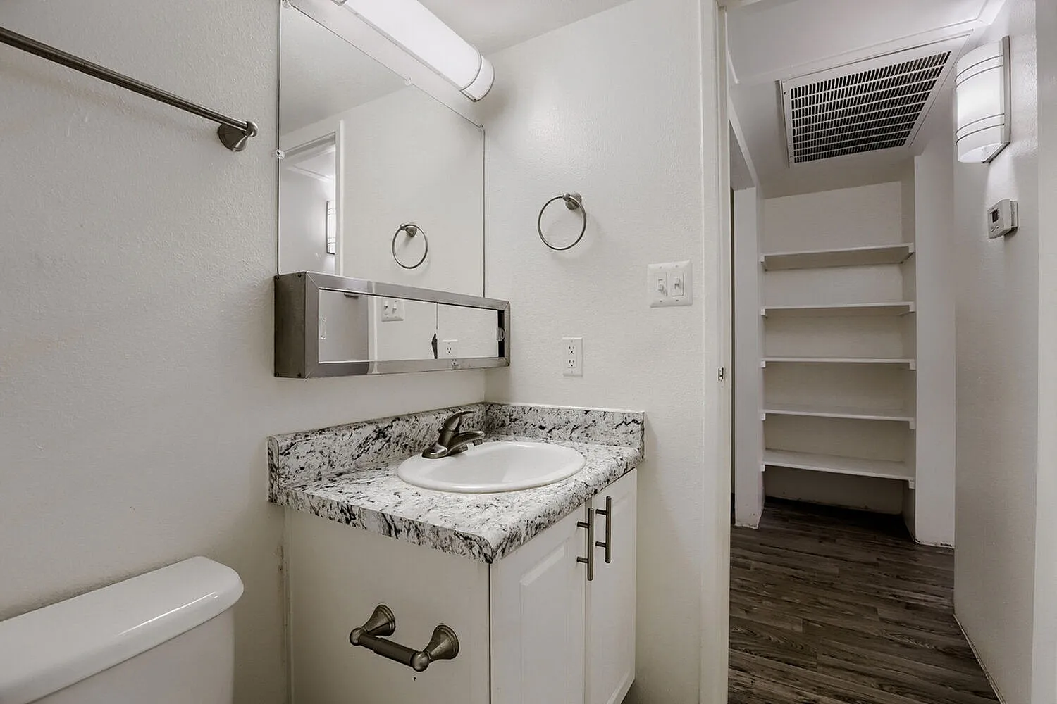 Bathroom, granite countertops, vessel sink, mirror cabinet, wood-style plank flooring