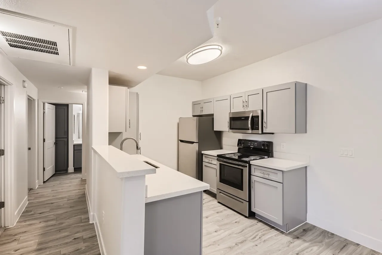 Kitchen, gray cabinetry, stainless appliances, white countertops, wood-style plank flooring