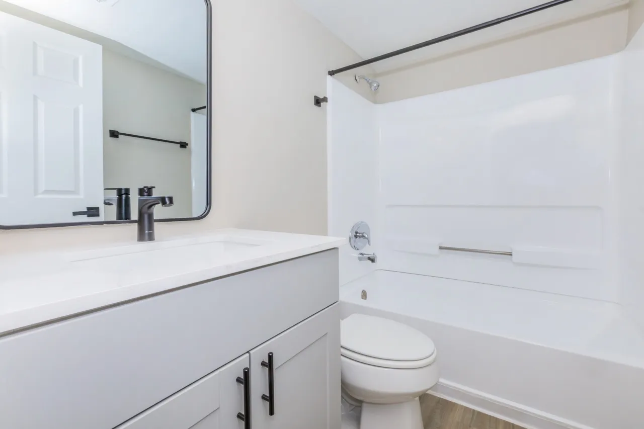 Bathroom, white vanity cabinetry, quartz countertop, framed mirror, chrome fixtures