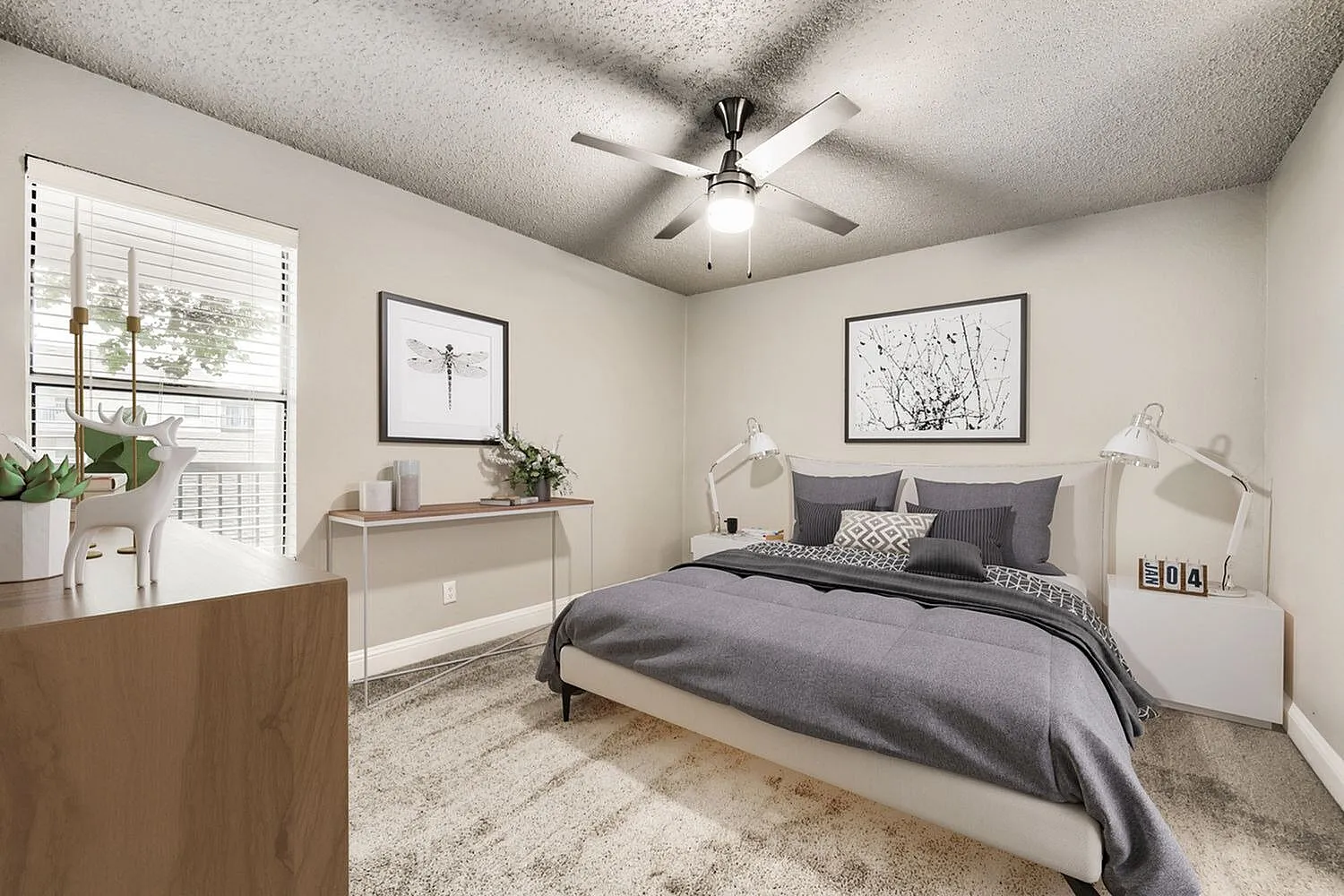 Bedroom, ceiling fan, window with blinds, carpet flooring