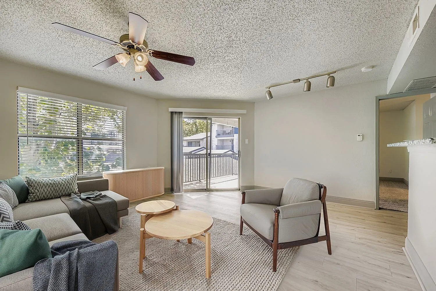 Living room, ceiling fan, track lighting, window with blinds, sliding glass door to balcony, wood-style plank flooring