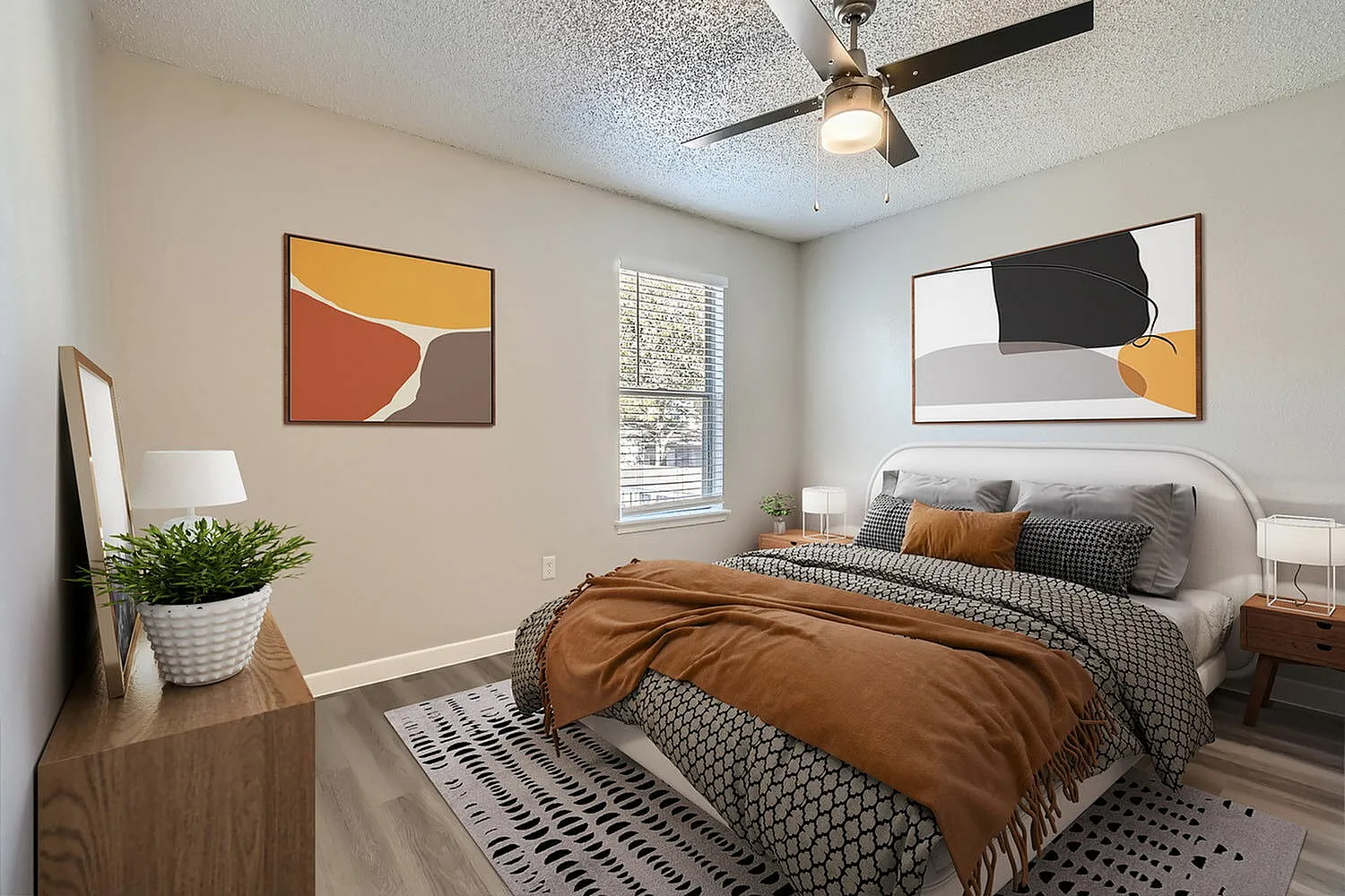 Bedroom, window with blinds, textured ceiling, wood-style plank flooring