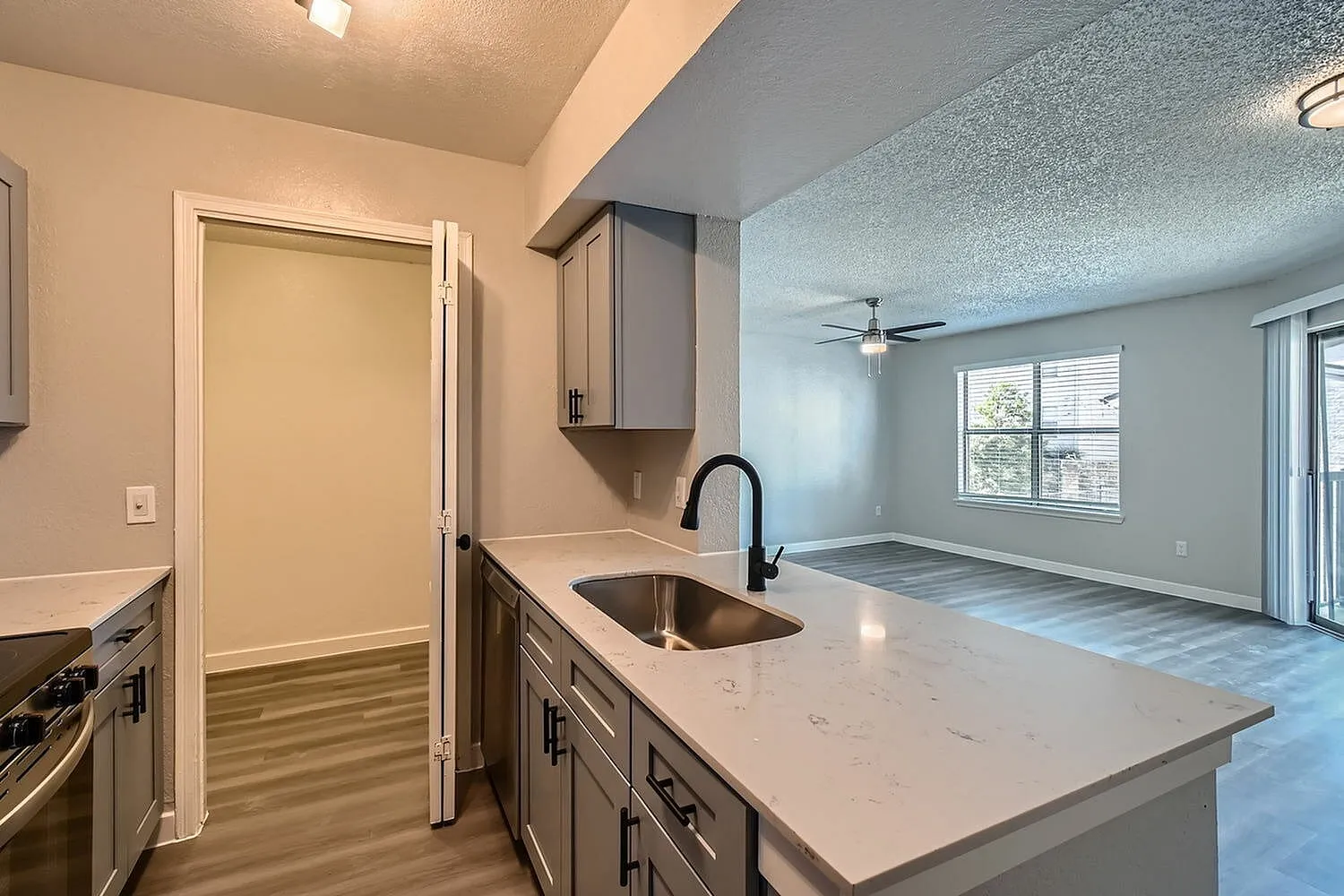 Undermount sink, black gooseneck faucet, quartz-style countertop, folding closet door, view to living room
