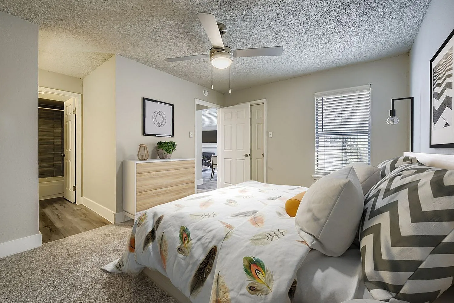 Bedroom, ceiling fan, window with blinds, carpet flooring, doorway to hall