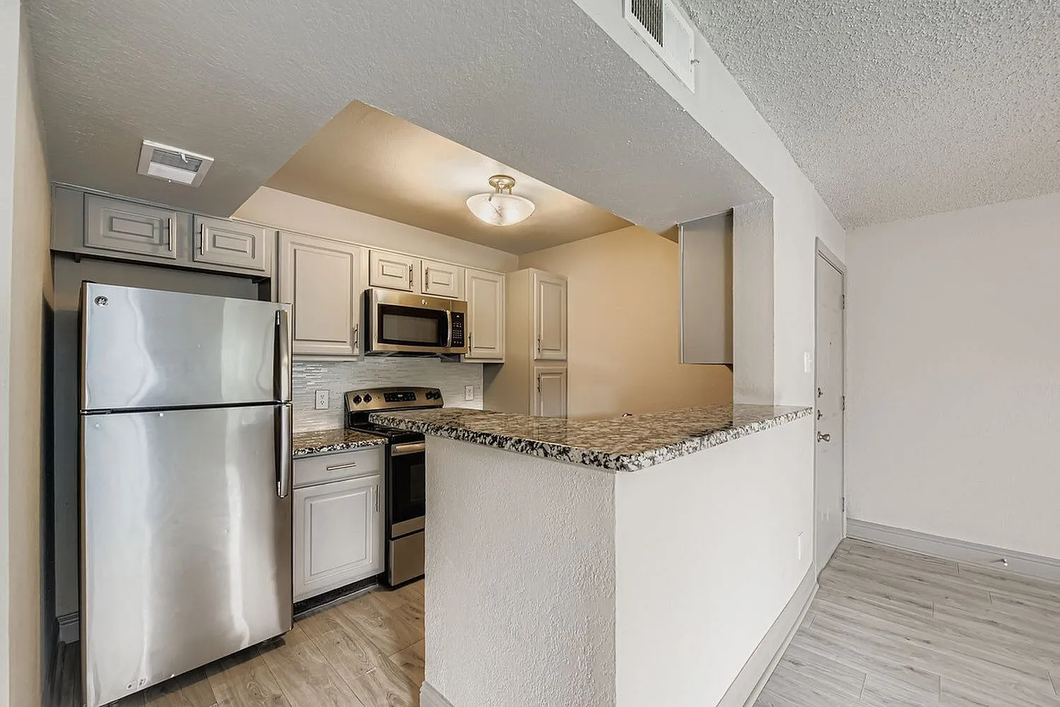 Kitchen, gray cabinetry, granite-style peninsula countertop, stainless steel appliances, ceiling light