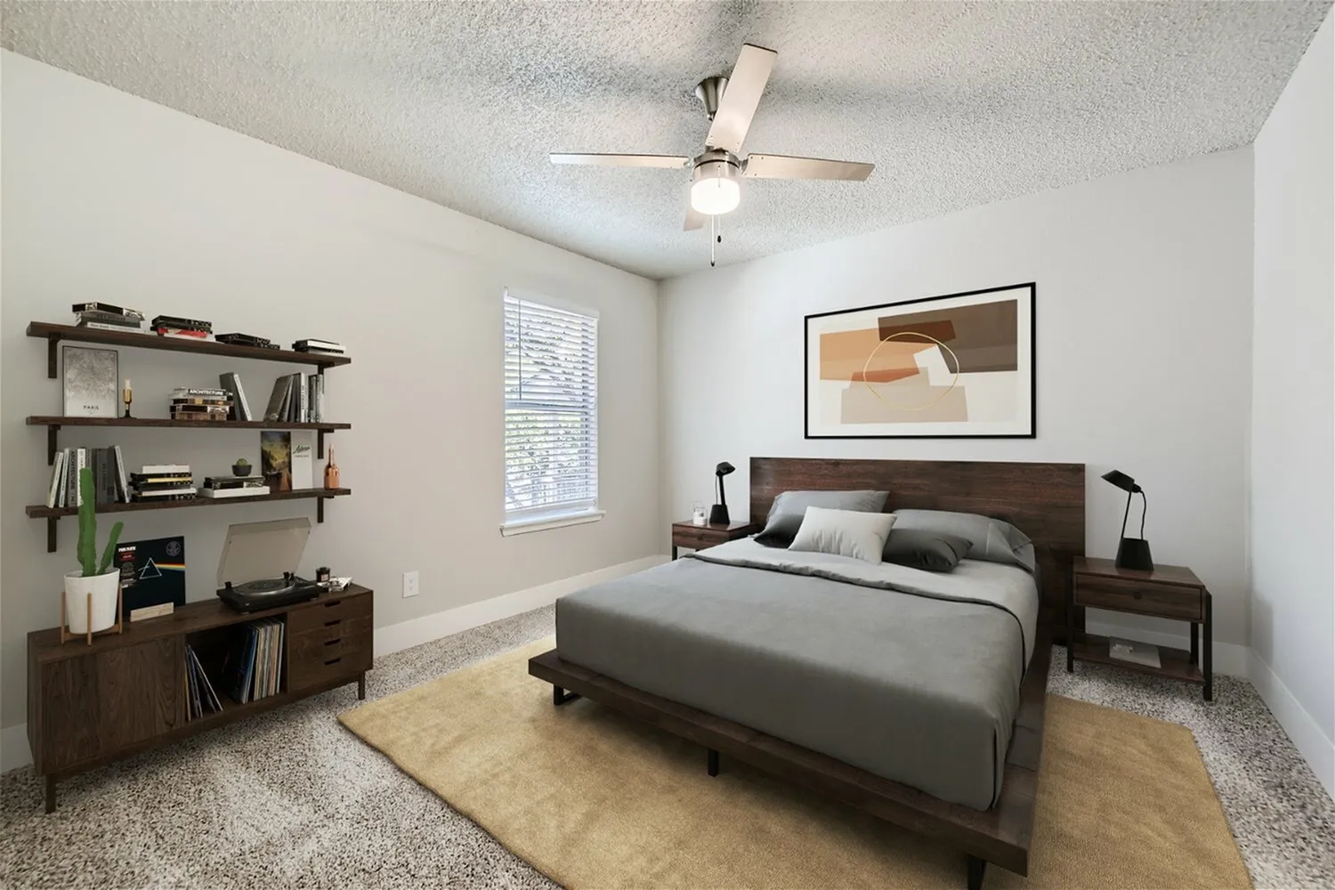 Bedroom, ceiling fan, window with blinds, carpet flooring
