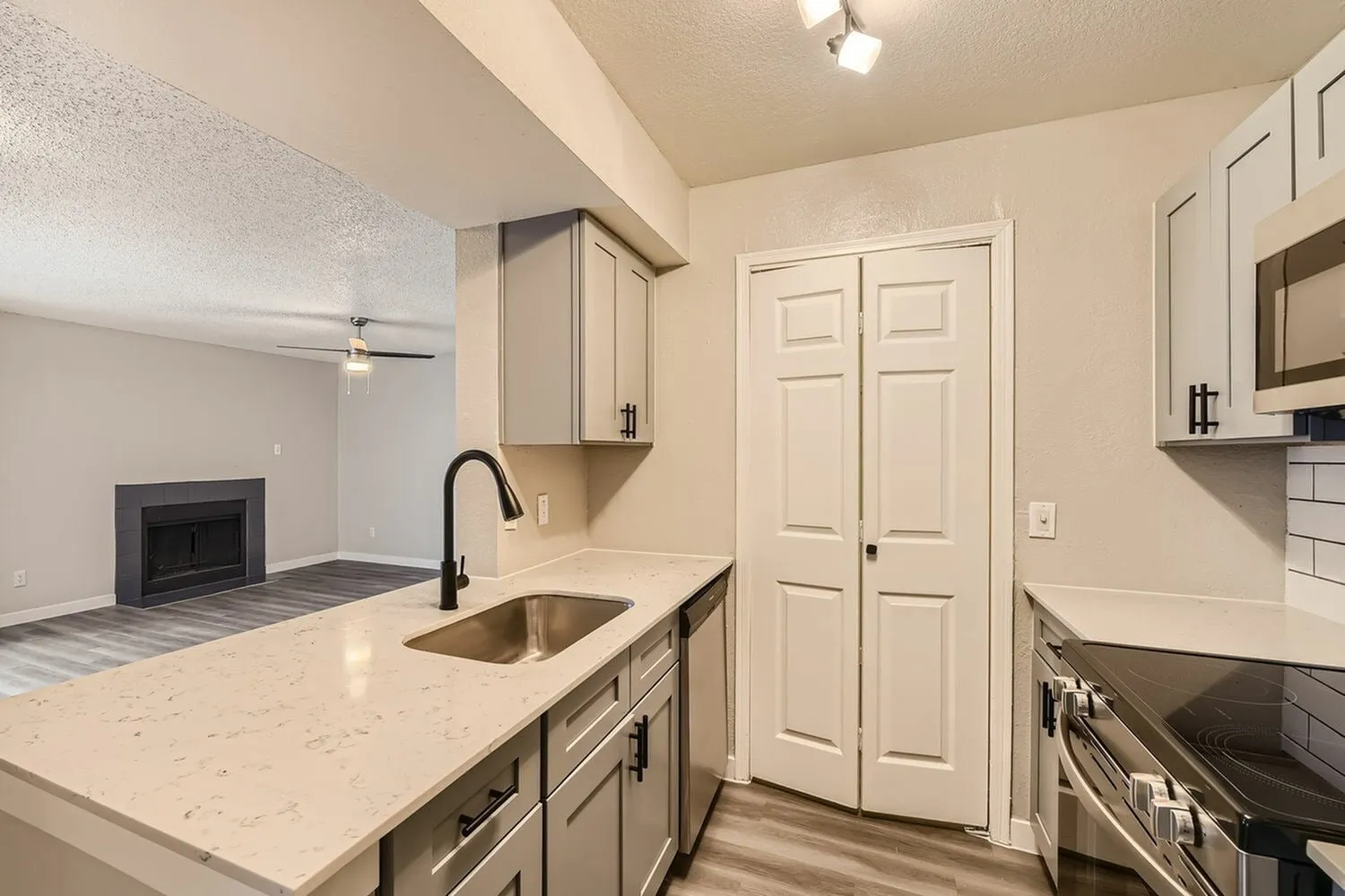 Undermount sink, black gooseneck faucet, quartz-style countertop, pantry closet doors