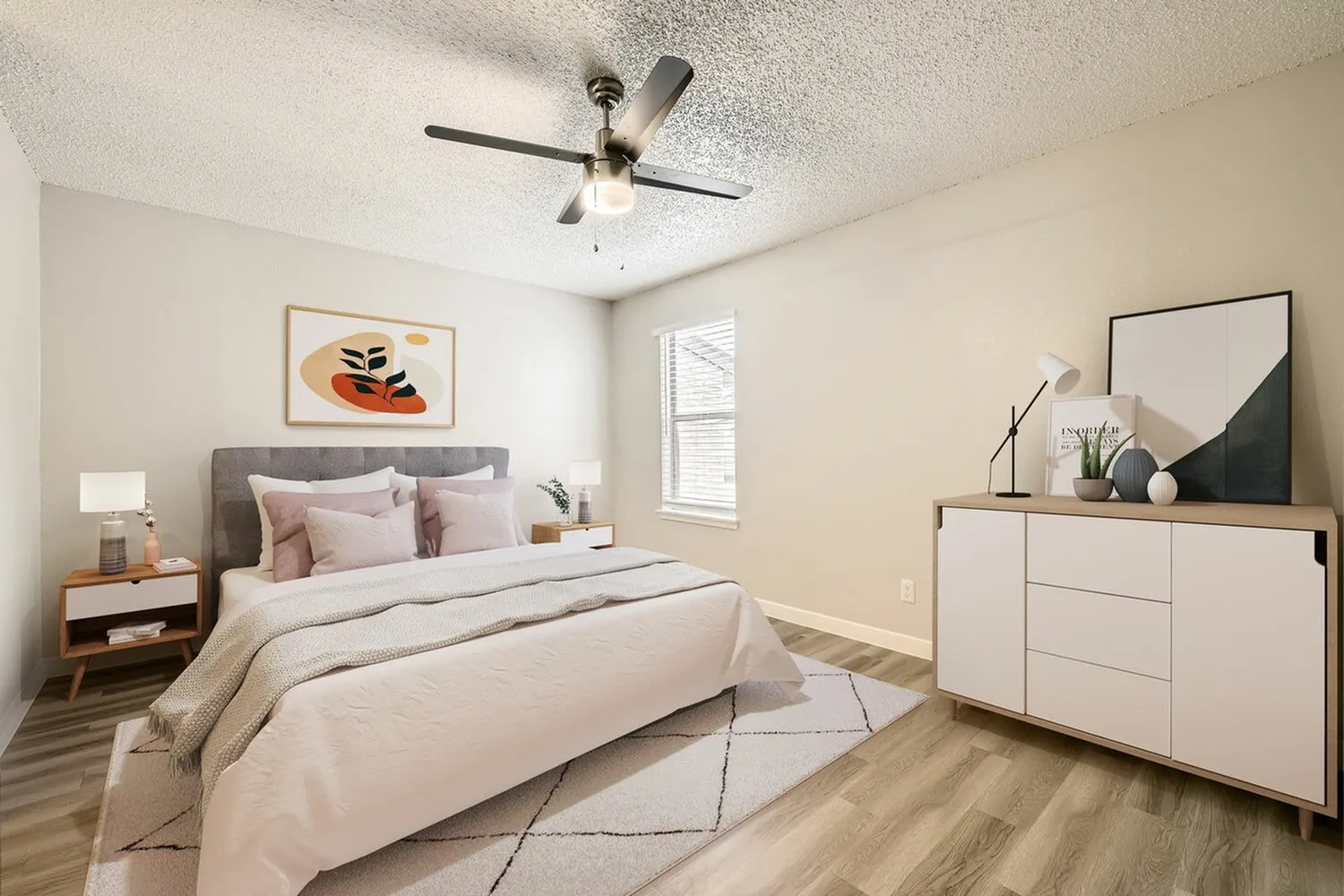 Bedroom, ceiling fan, window with blinds, wood-style plank flooring