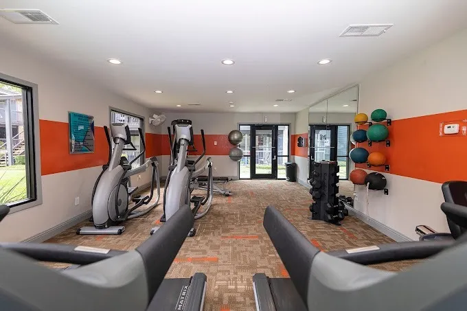 Fitness center, ellipticals, stability balls, medicine ball rack, glass entry door
