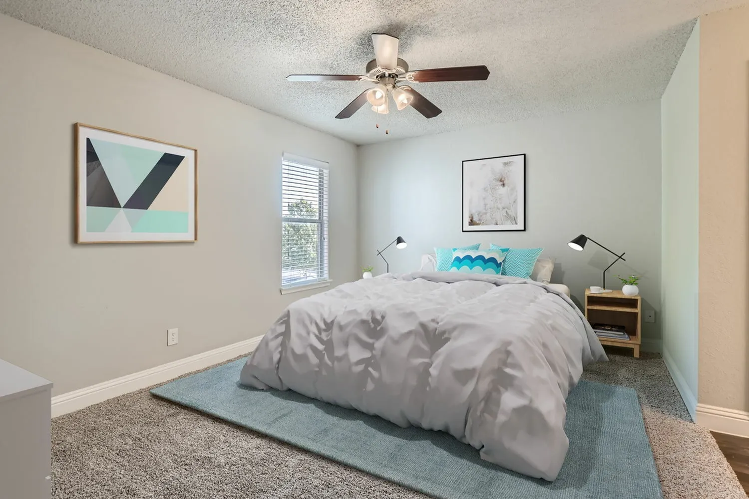 Bedroom, ceiling fan, window with blinds, carpet flooring