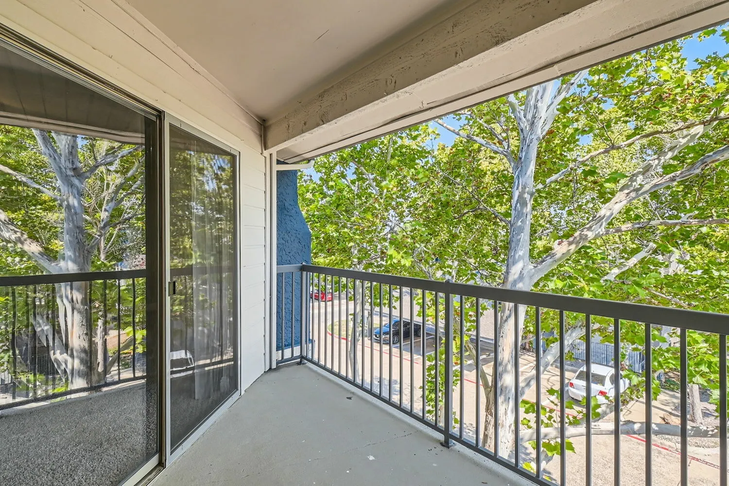 Balcony, sliding glass door, metal railing, tree views