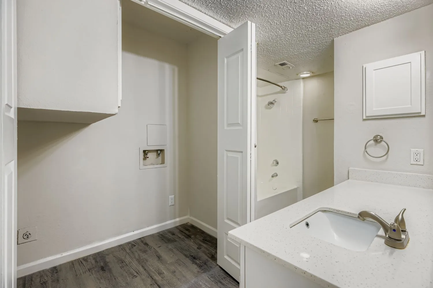 Bathroom vanity and shower with adjacent laundry closet