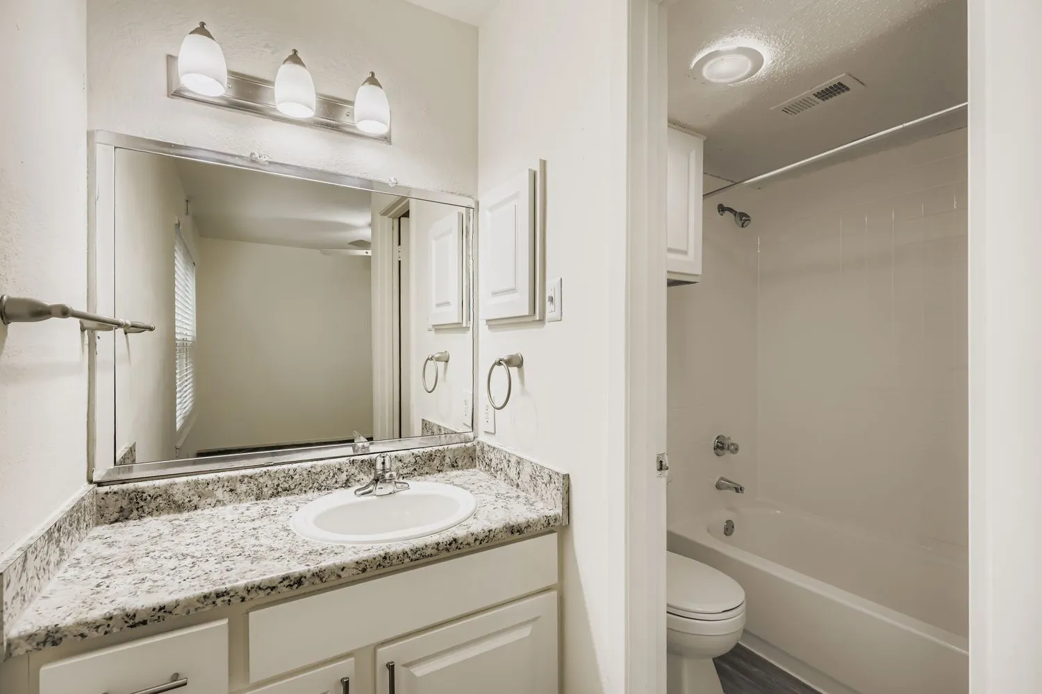 Primary bathroom vanity with view into tub and shower