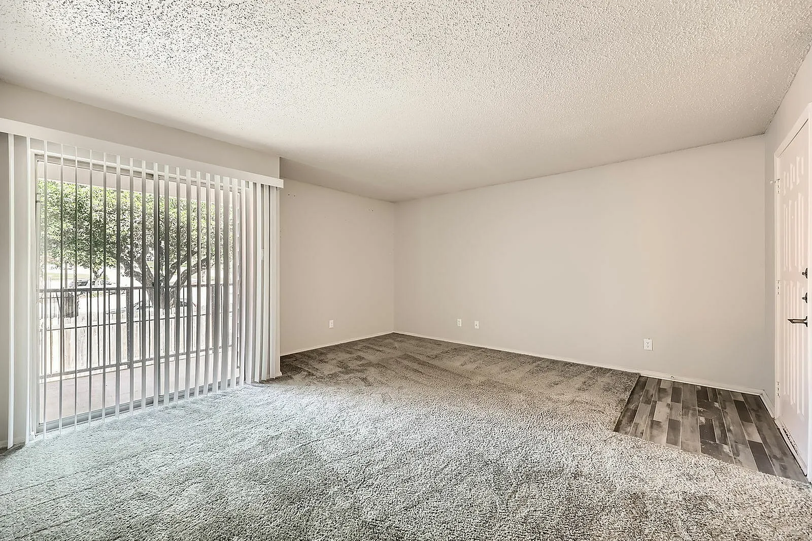 Living room, carpet flooring, vertical blinds, sliding glass door, neutral walls