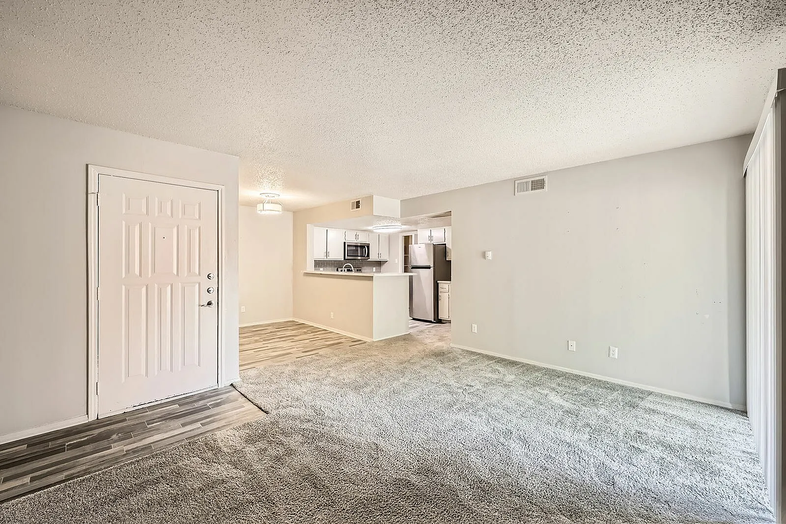 Open-concept living room and kitchen, wood-style plank flooring, carpet, entry door, stainless appliances