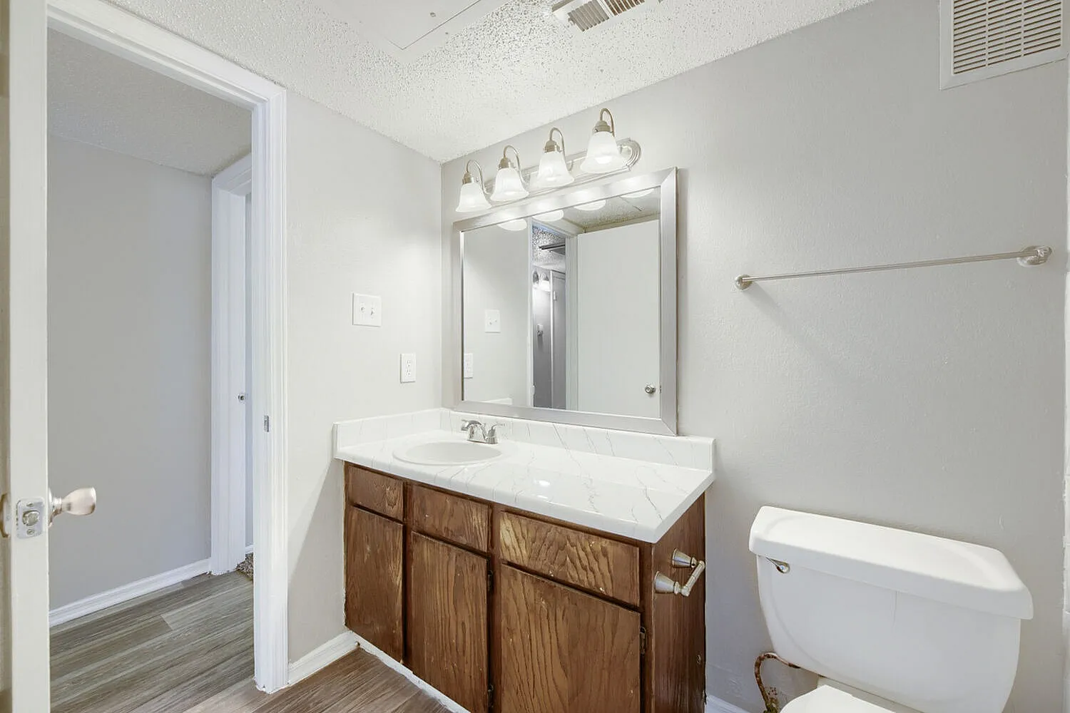 Bathroom, wood-style vanity with white countertop, framed mirror with light fixtures, wood-style plank flooring