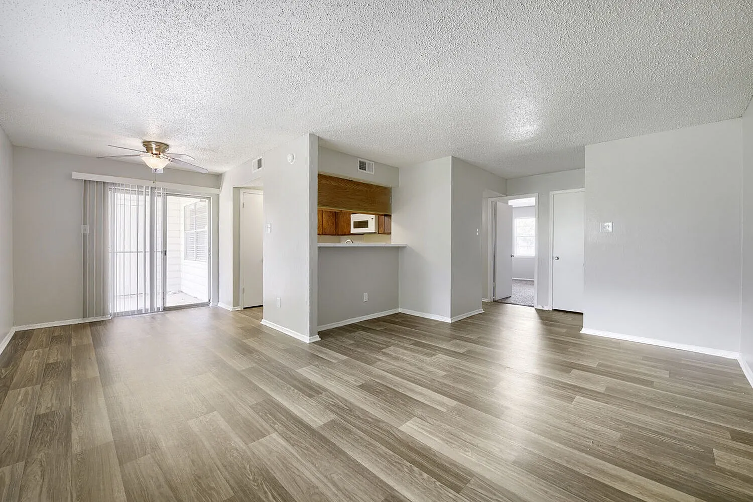 Living area, wood-style plank flooring, kitchen pass-through with cabinetry, sliding glass doors