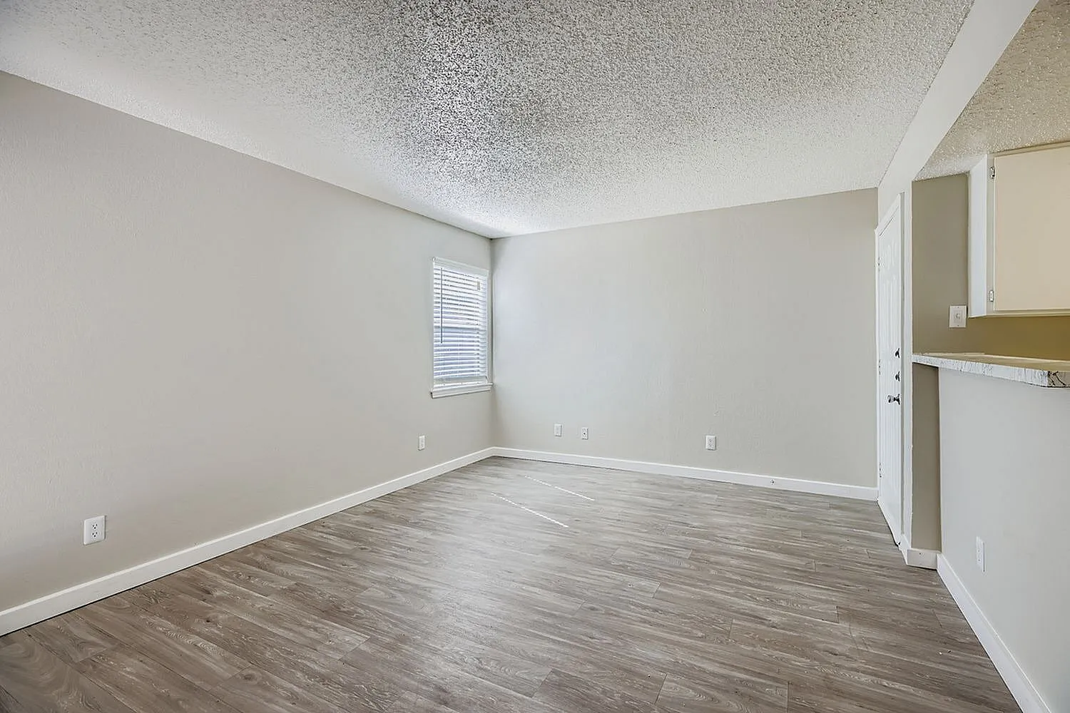 Bedroom, wood-style plank flooring, textured ceiling, window with shutters, adjoining bathroom