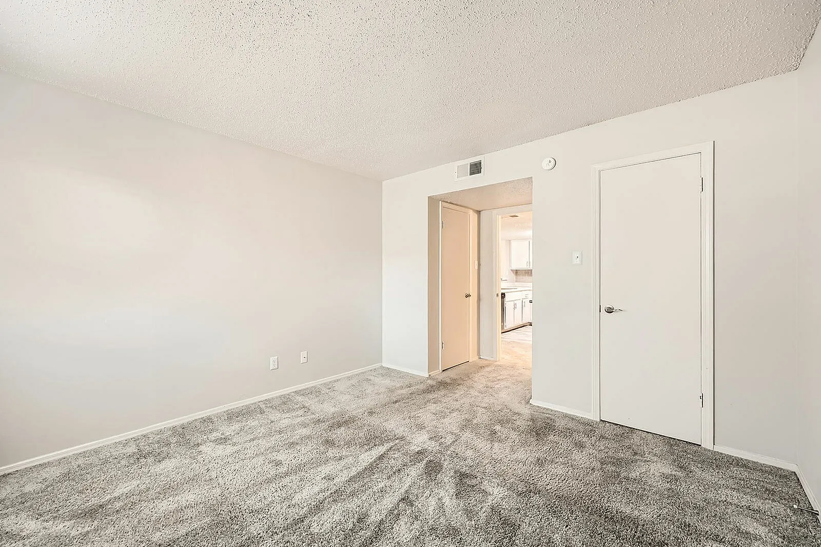 Bedroom, gray textured carpet, white walls and ceiling, closet doors