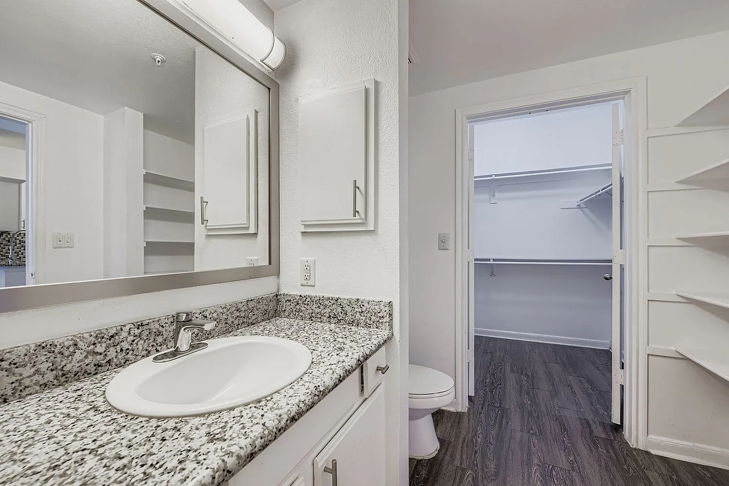 Primary bathroom, speckled granite countertops, white cabinetry, large framed mirror, wood-style plank flooring