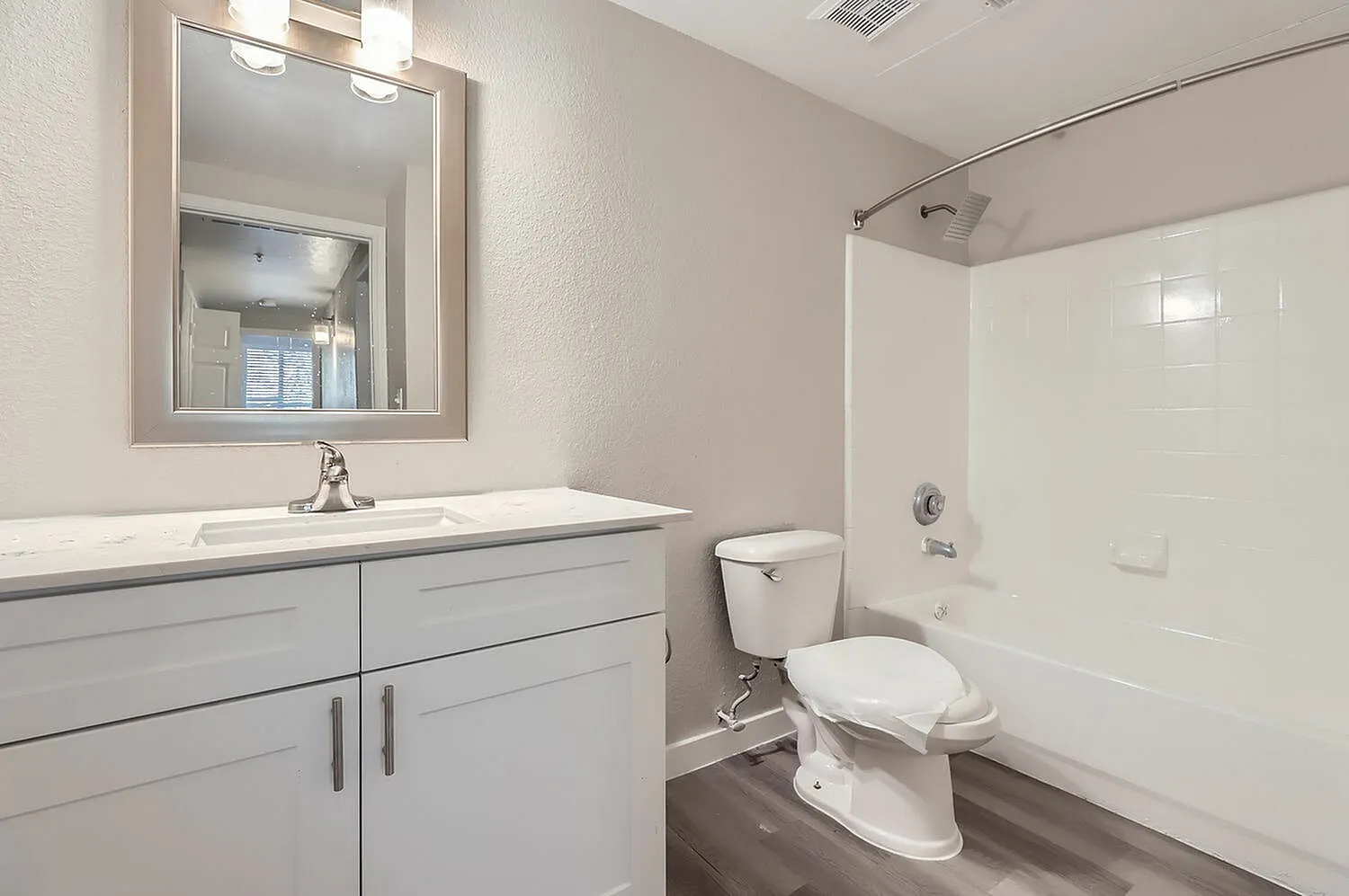 Bathroom, white cabinetry, quartz countertop, framed mirror, wood-style plank flooring
