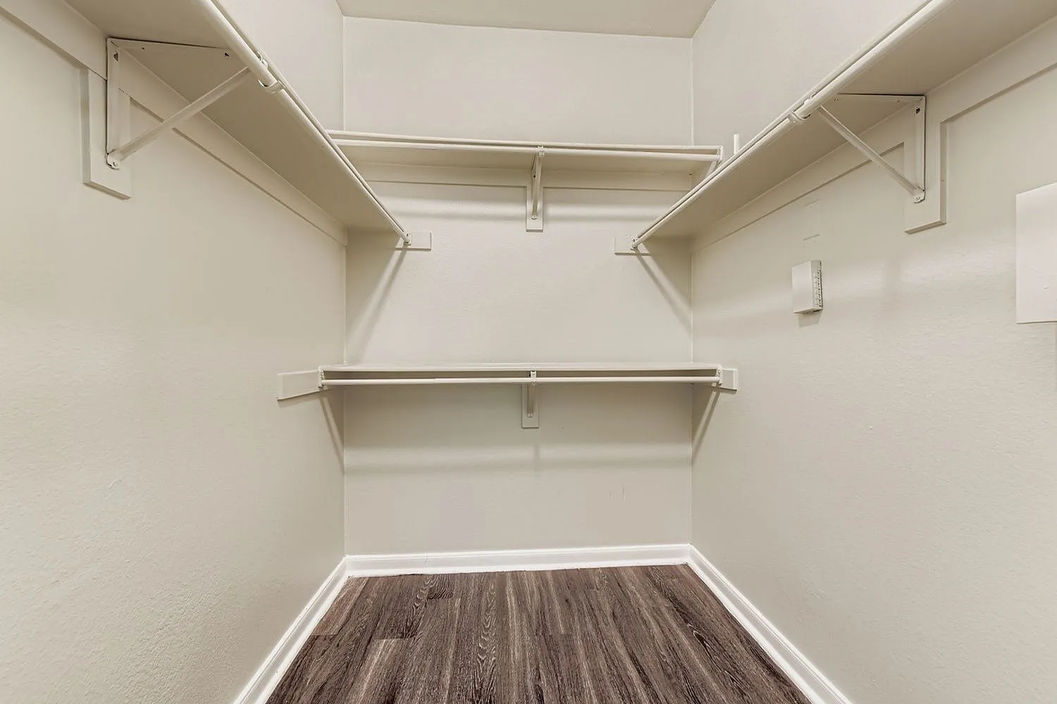 Walk-in closet, built-in shelving, metal rods, wood-style plank flooring, recessed lighting