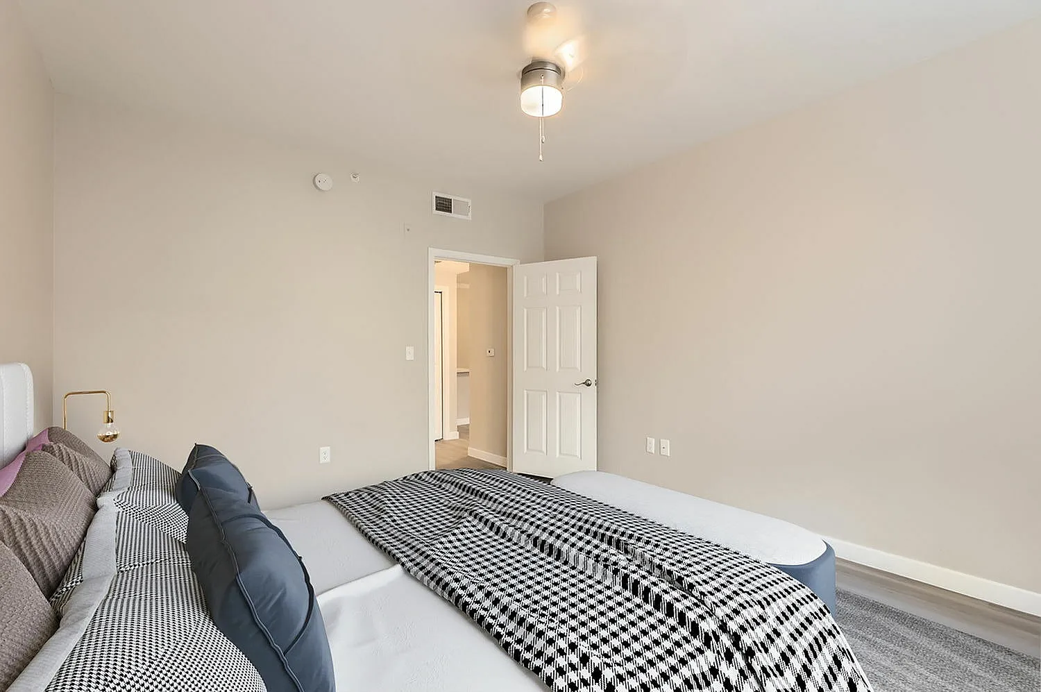 Primary bedroom, gray wood-style plank flooring, checkered bedding, white entry door, ceiling light fixture