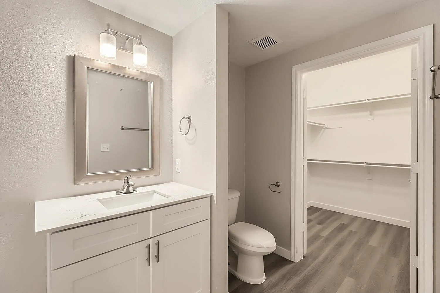 Primary bathroom, white vanity cabinetry, quartz countertops, framed mirror, wood-style plank flooring, walk-in closet