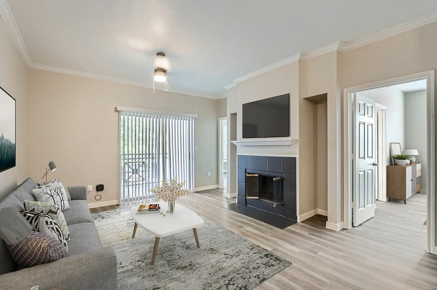 Living room, wood-style plank flooring, fireplace with TV, glass sliding doors