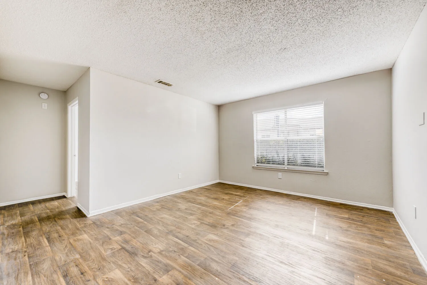 Living room with wood-style plank flooring, window with natural light