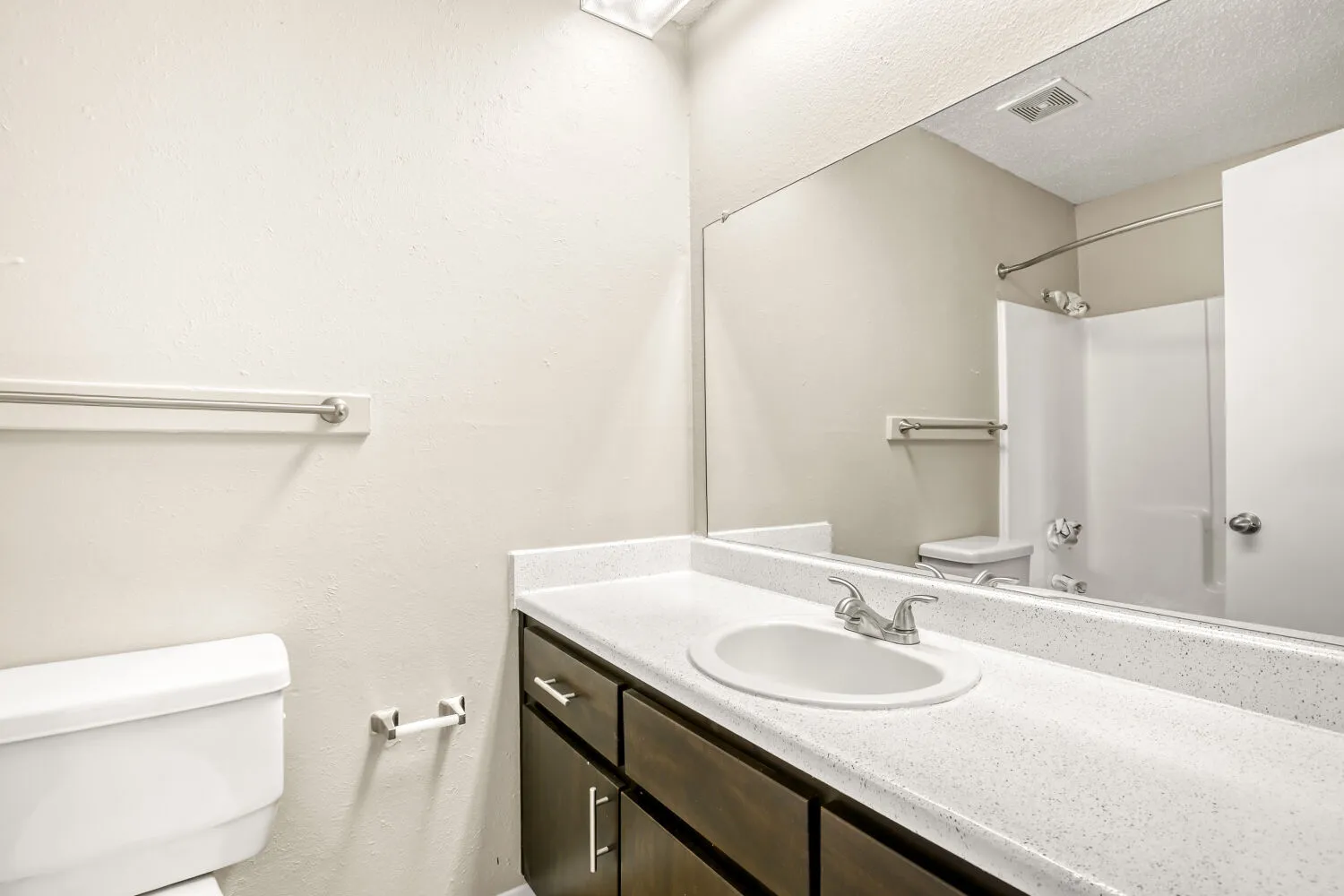 Primary bathroom vanity, dark cabinetry, towel bar, wide mirror