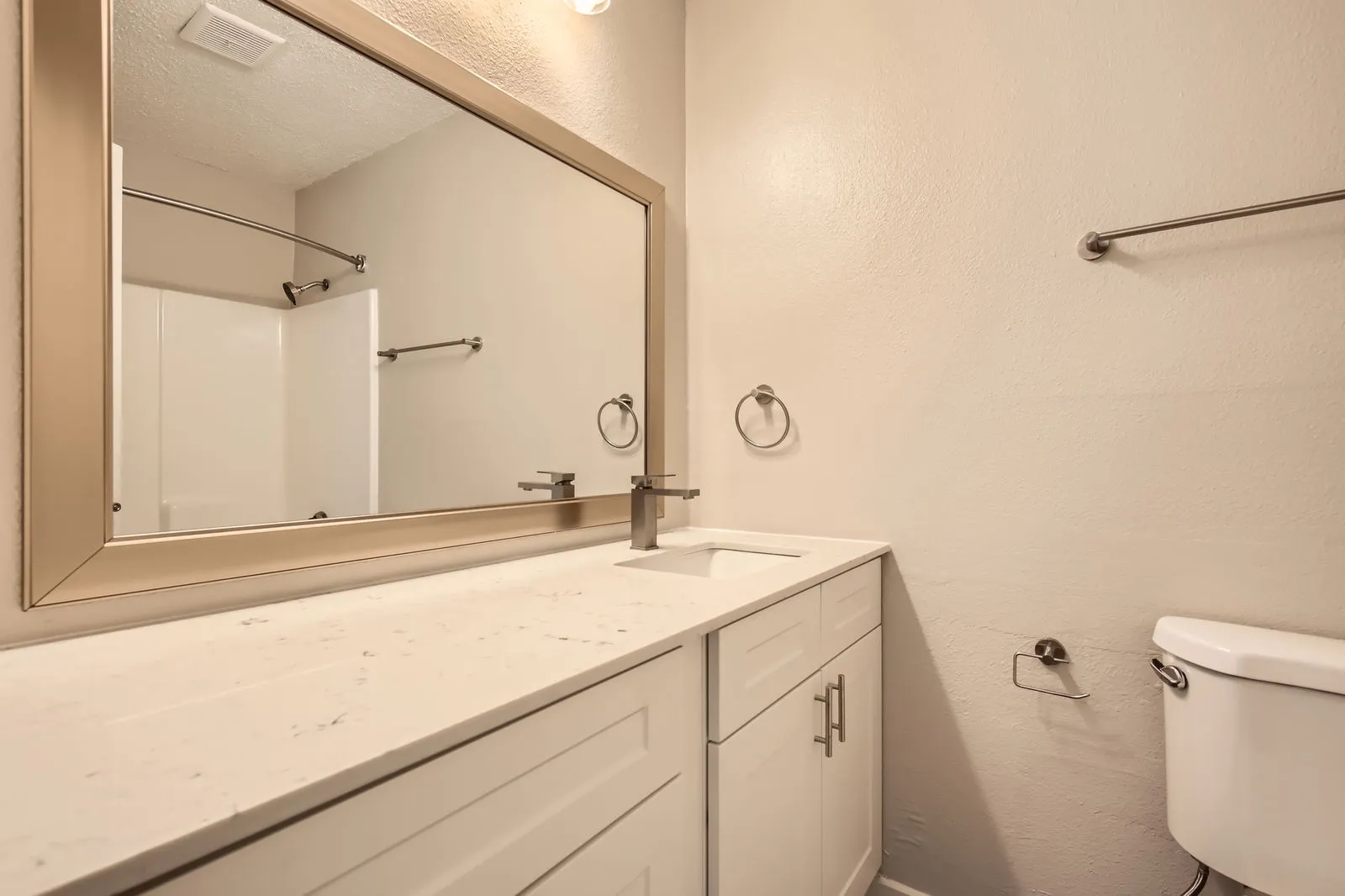 Primary bathroom, white vanity, quartz countertop, framed mirror