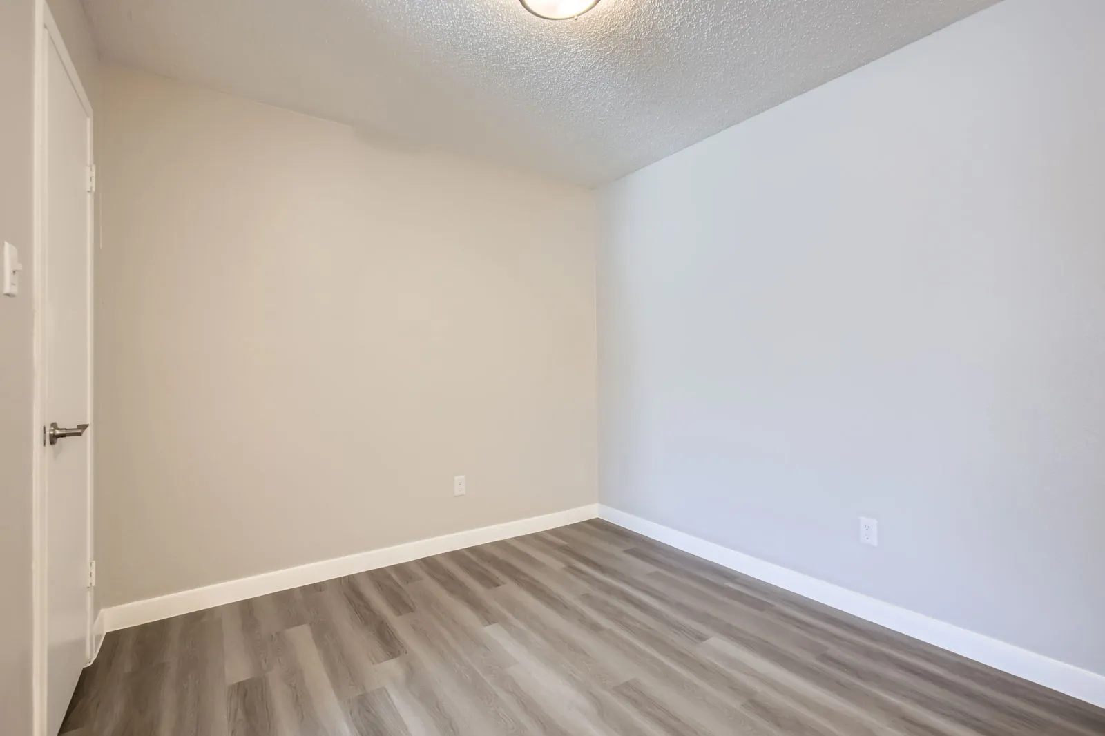 Dining area with wood-style plank flooring, closet door