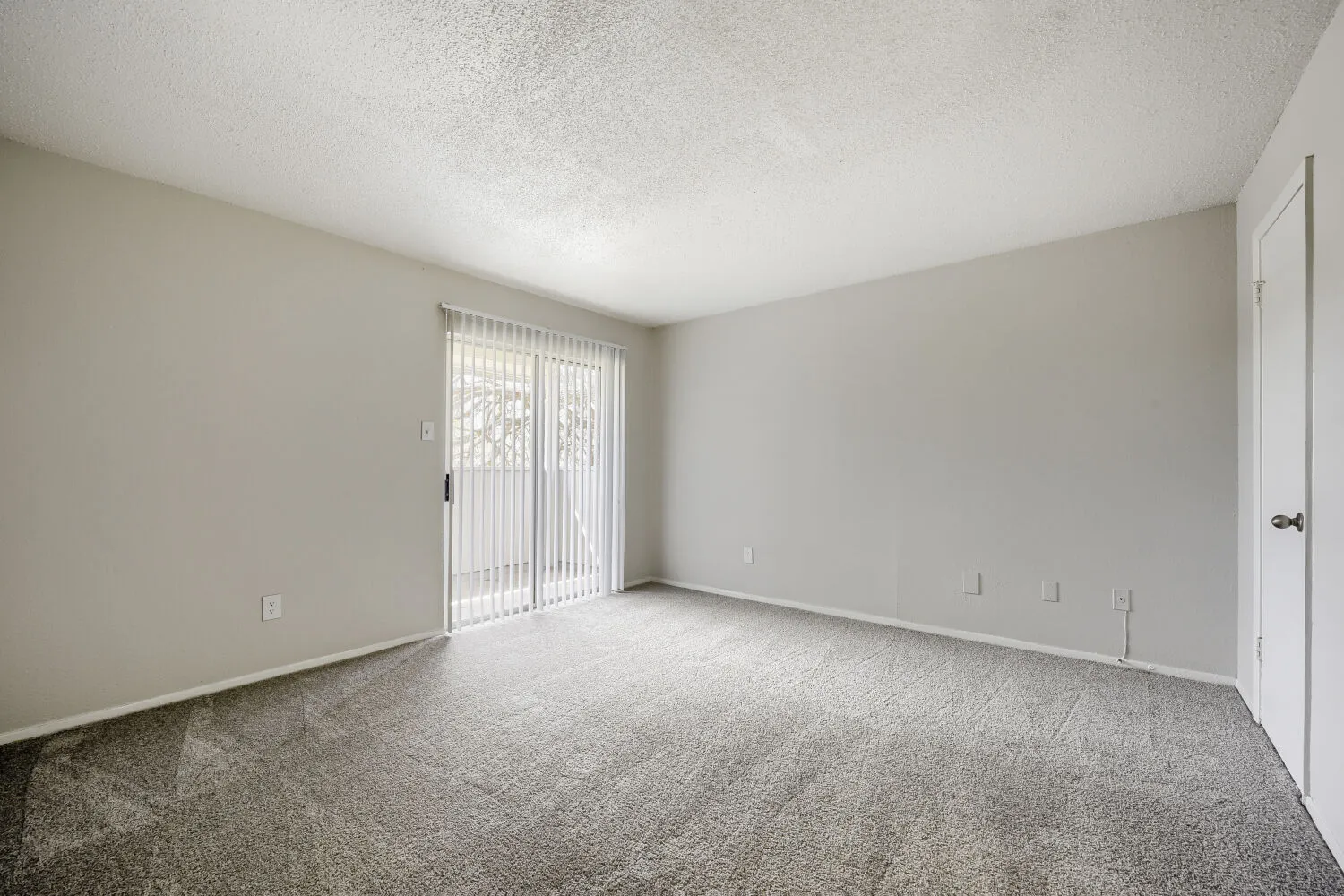 Primary bedroom, carpeted flooring, sliding glass door to patio, ensuite bathroom access