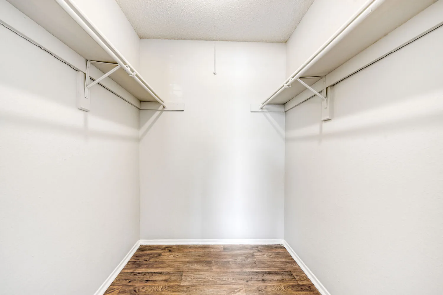 Walk-in closet with wood-style plank flooring, built-in shelving