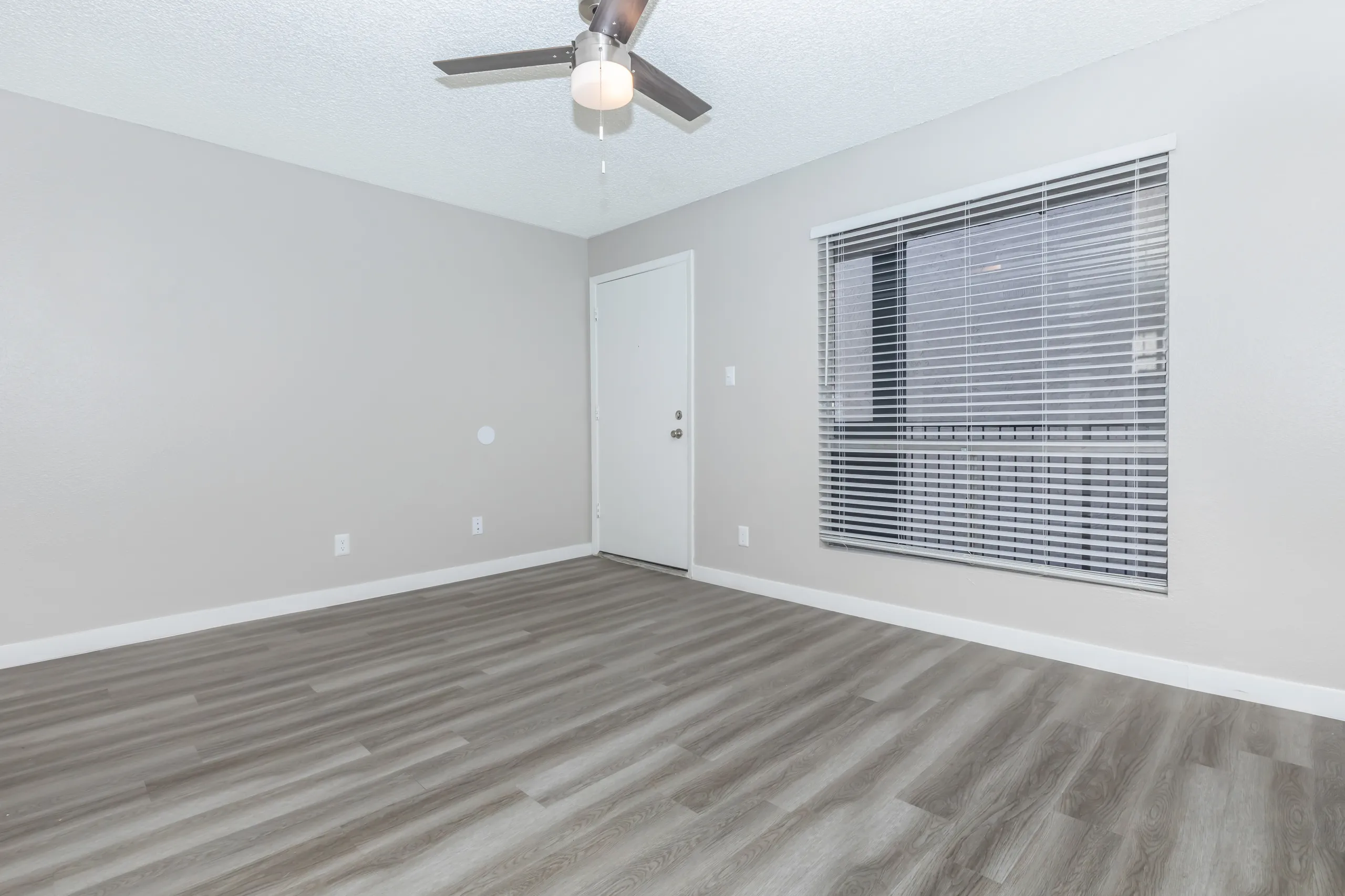 A1 Platinum living room, ceiling fan, entry door, wood-style plank flooring
